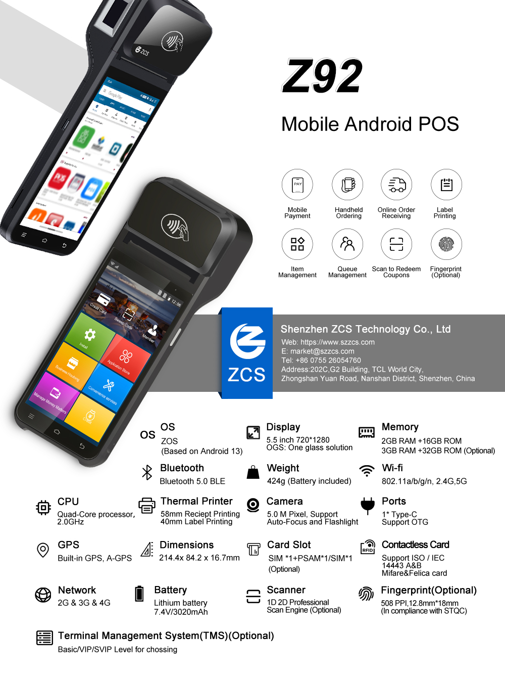 Handheld Rugged Android 13.0 POS machine with QR Code Scanner 4G
