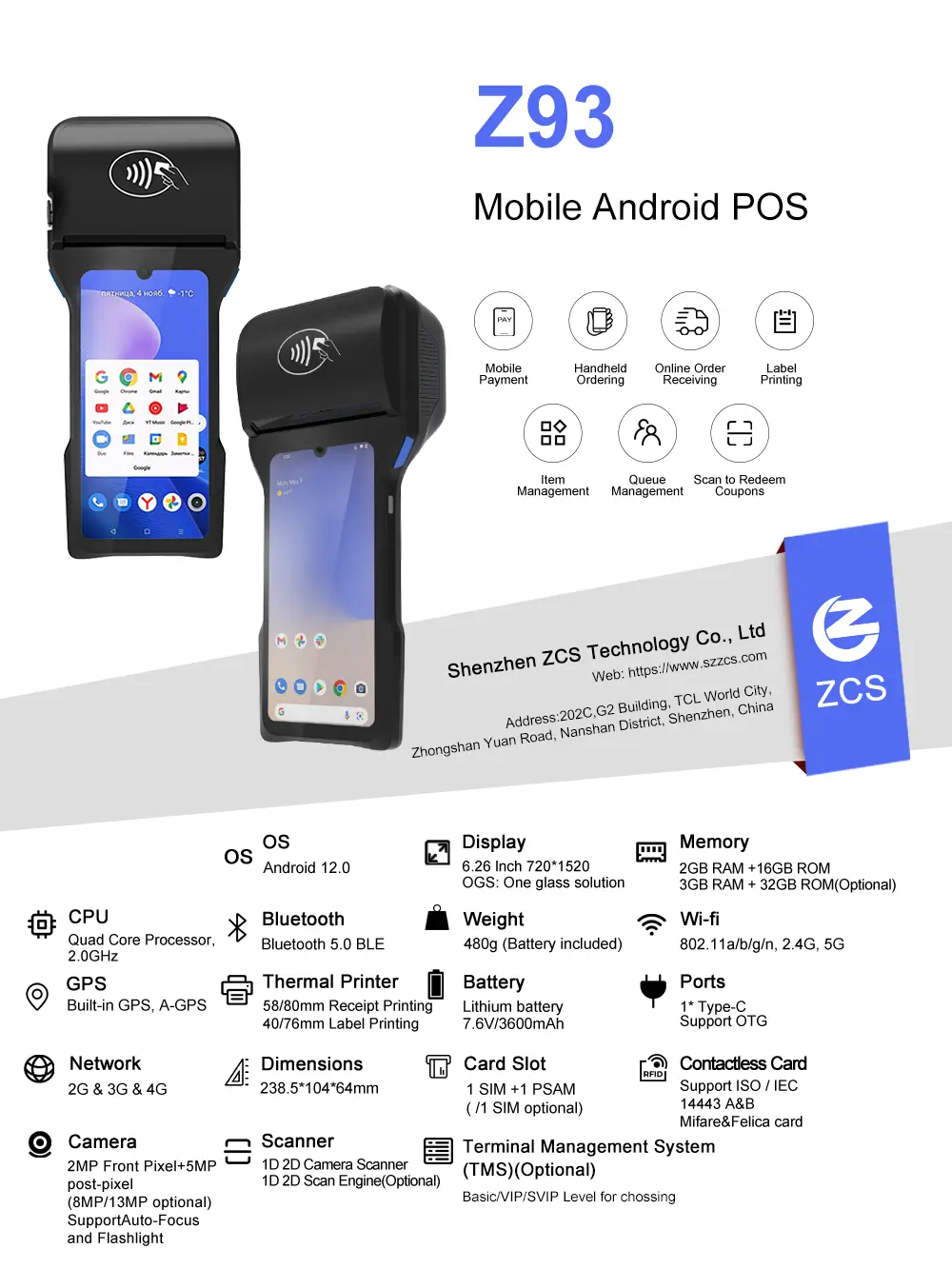 Z93 Android 14.0 touch 80mm mini pos Smart mobilepos manufacturer