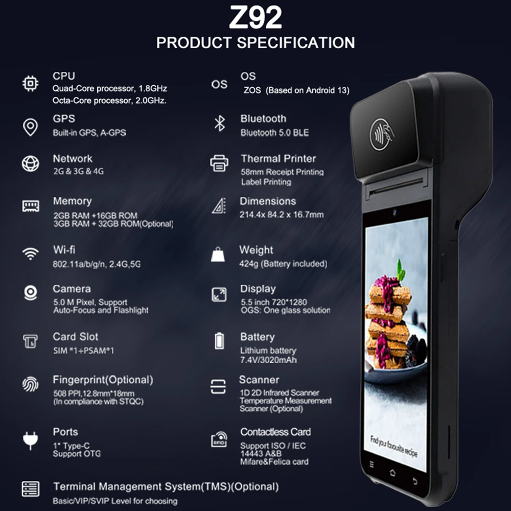 Z92 Android 13.0 Mobile Handheld POS