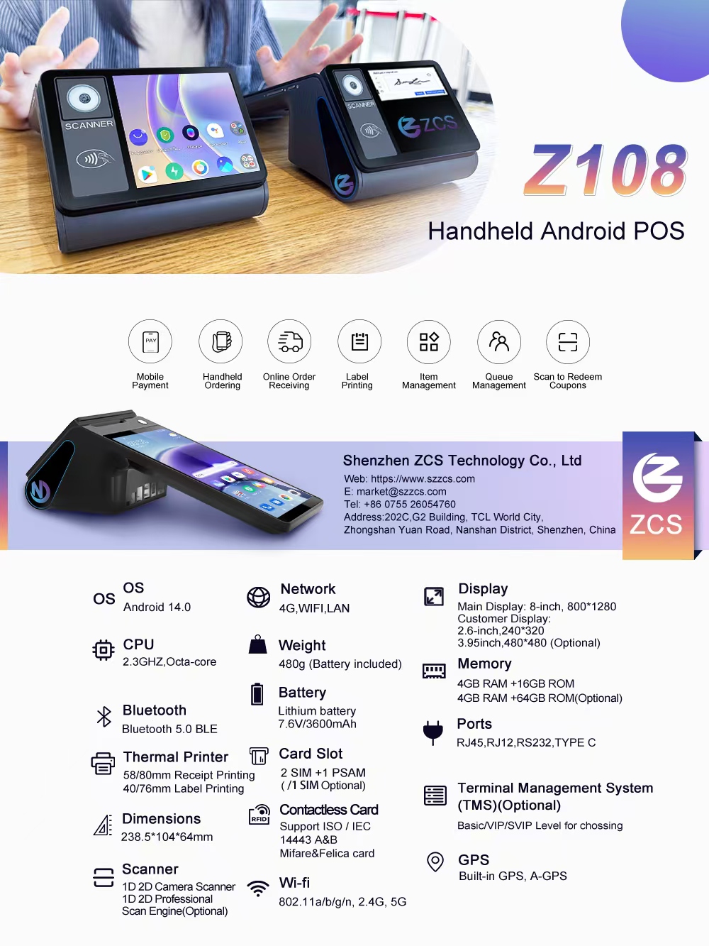 Z108 8inch Desktop Portable Android POS