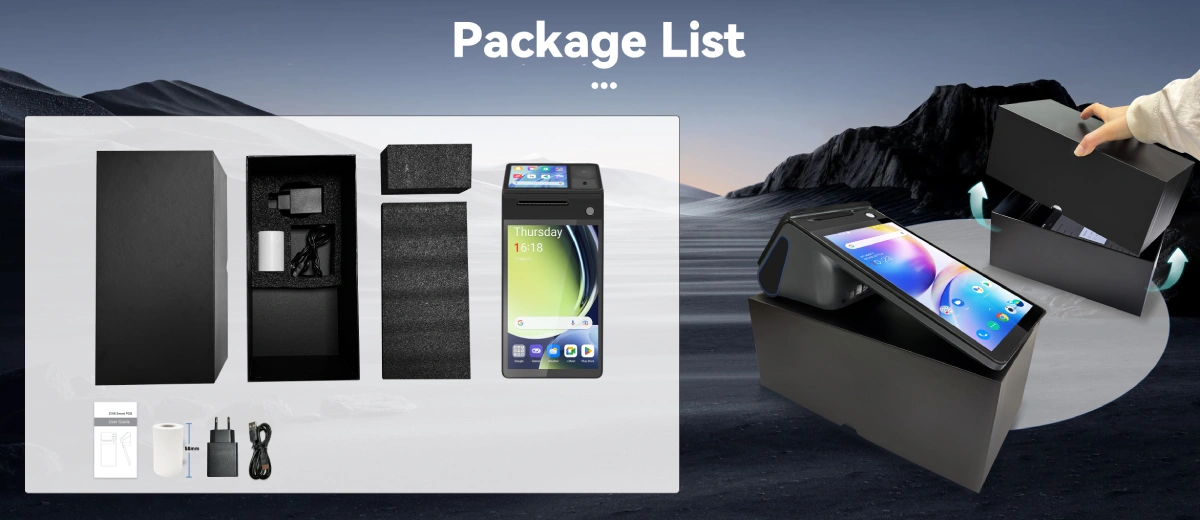 Z108 android POS system retail package — standard accessories and OEM configuration Z108 android POS system retail package — standard accessories and OEM configuration