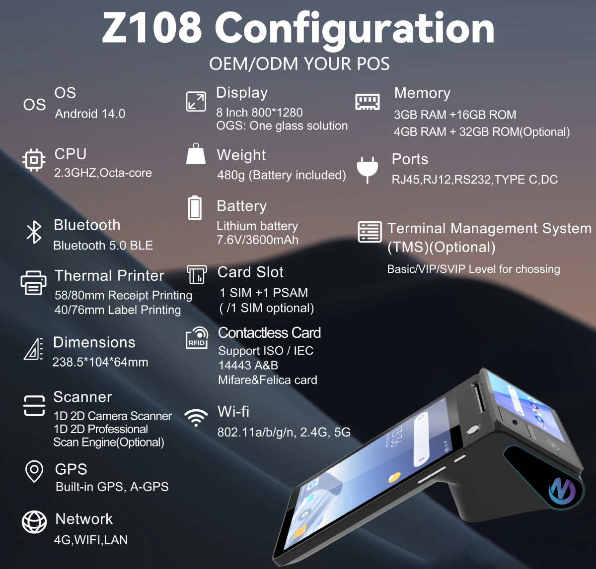 Z108 android tablet POS system configuration — smart POS payment terminal full specs Z108 android tablet POS system configuration — smart POS payment terminal full specs
