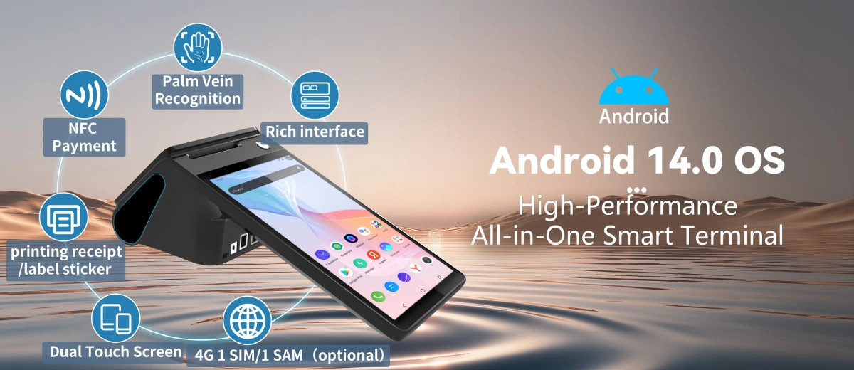 Z108 android smart POS overview — dual touch screen POS machine with 58mm 80mm printer