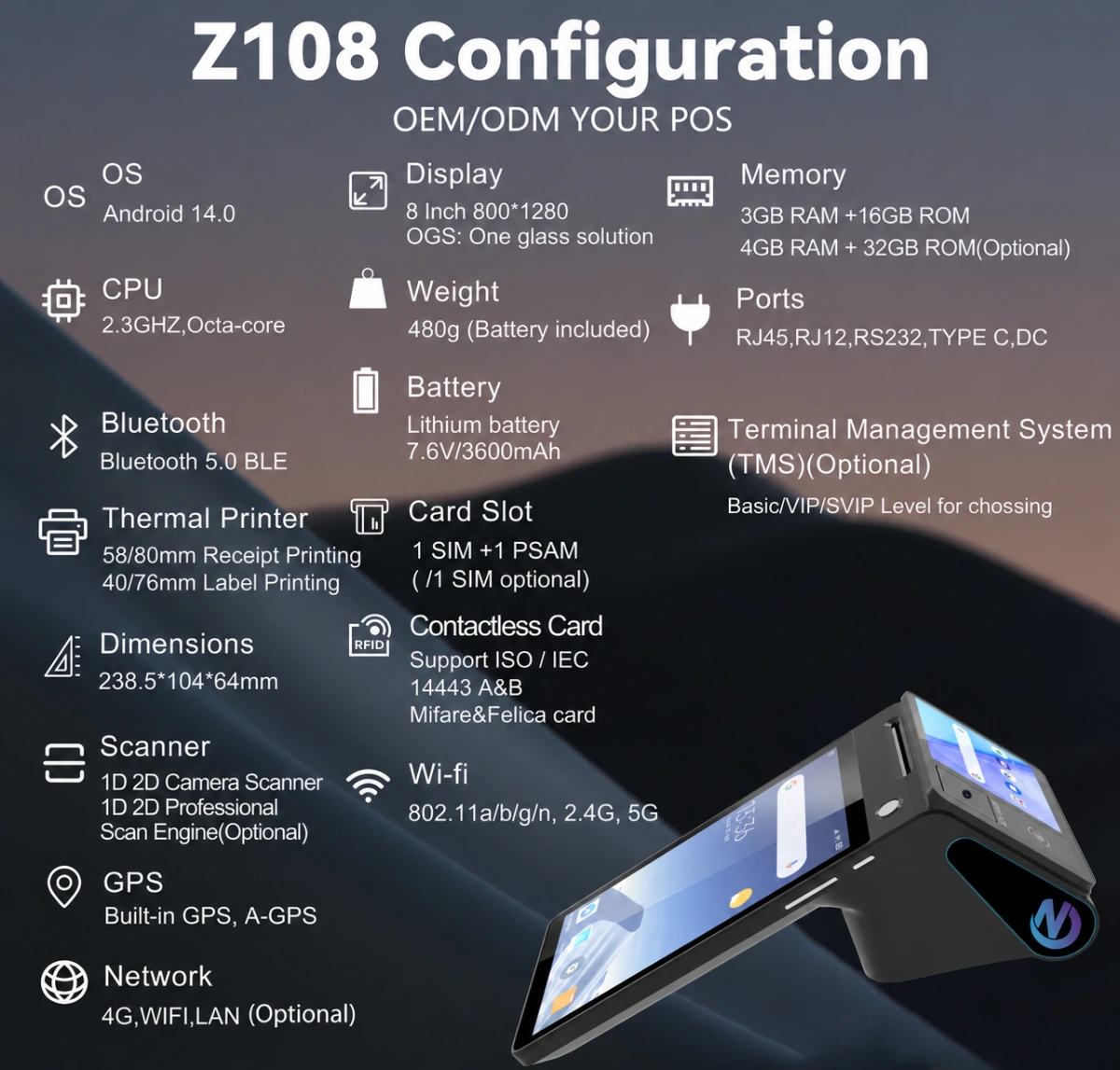 Z108 android tablet POS system configuration — smart POS payment terminal full specs